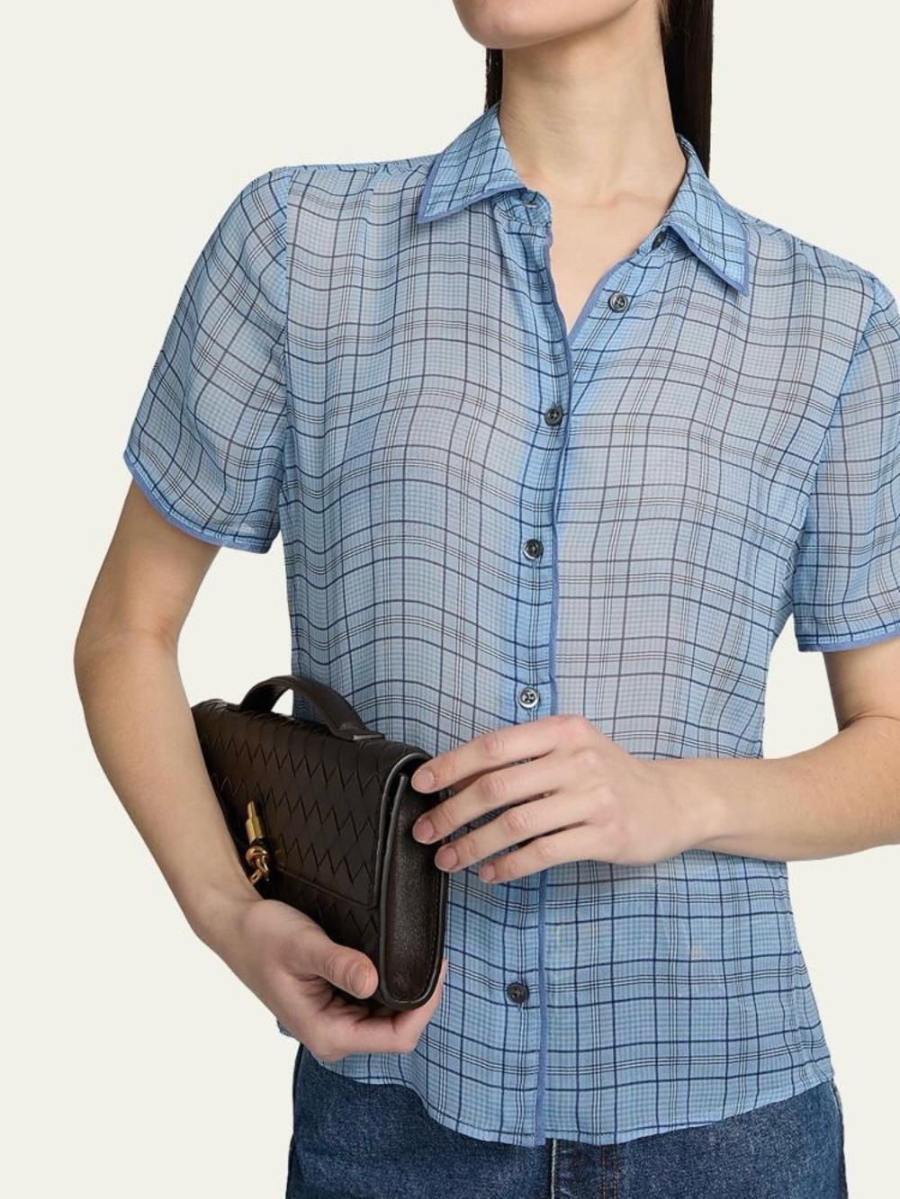 FRAME The Silk Plaid Shirt in Sky Blue Multi Size M - Picture 5 of 8